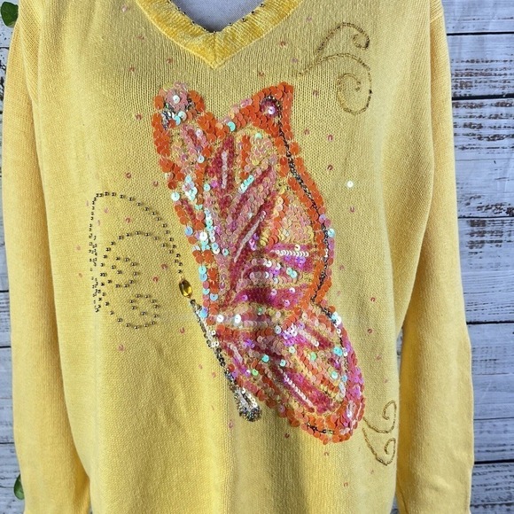 The Quacker Factory Sweater Plus size 1X Yellow Butterfly Sequins Beads Summer - Picture 7 of 15
